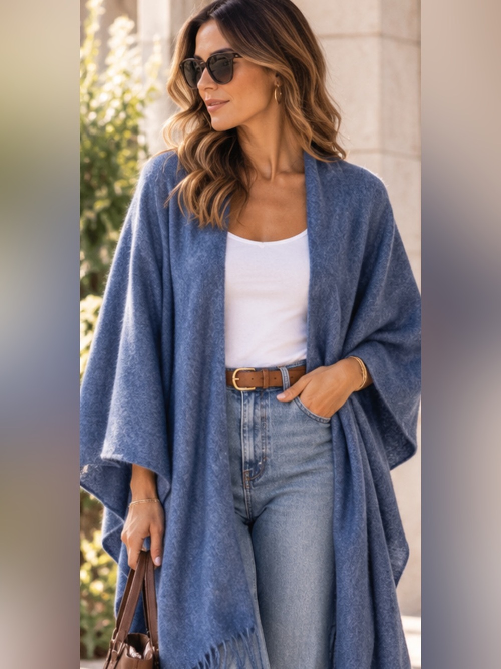 Portolano 70% Wool Blue Shawl Wrap Cape Fringe One Size